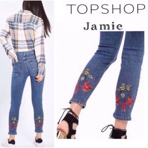 Topshop Jamie Skinny High Waisted Embroidered Denim
